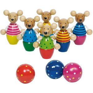 Goki Houten Kegelspel - 6 Muizen Kegels en 3 Ballen - Geschikt voor Kinderen - Speelplezier voor het Hele Gezin