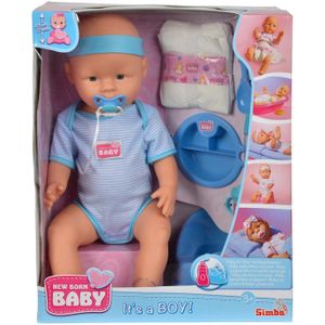 New Born Baby - Babypop - 43 cm - slapende ogen - blauw - drink en plasfunctie - babypop