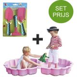 Zandbak schelp roze met tuinset met 3 tuin accessoires