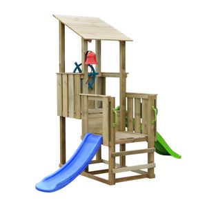 Houten Speeltoren Piraat Incl 2 Glijbanen - Prestige Garden Lange Kant Groen - Korte Kant Blauw