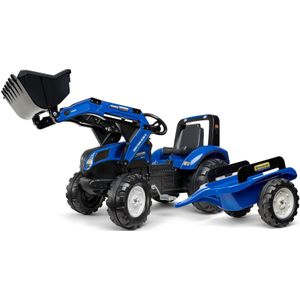 Falk New Holland Tractor met Shovel - Traptractor - Blauw - met Aanhanger