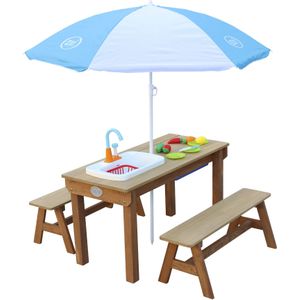 AXI Dennis Zand & Water Picknicktafel met Speelkeuken wastafel en losse bankjes Bruin - Parasol Blauw/wit