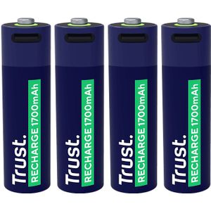 Trust Oplaadbare Batterijen Aa 1.700 Mah Usb-c Met 4-in-1 Oplaadkabel 4 Stuks (25631)