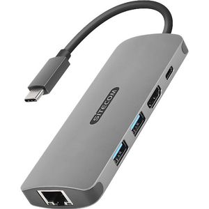 Sitecom - Usb C Multiport adapter naar 1 USB-C poort, 2 USB poorten, 4K HDMI, RJ45, PD