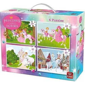 55894 King Puzzel Paarden en Prinsessen 4 in 1 Kinderpuzzel In Koffertje