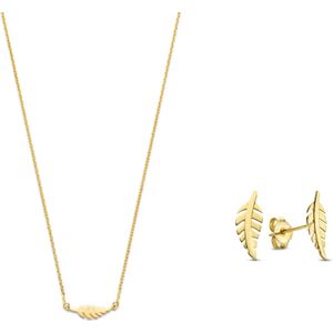 Isabel Bernard Cadeau d'Isabel 14 karaat gouden ketting en oorbellen set met veer voor dames