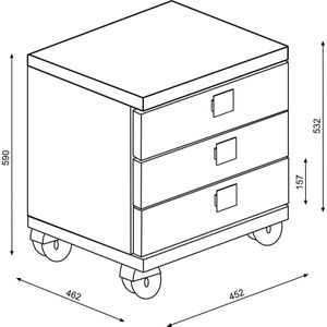 Nachtkastje Bo0 met wieltjes, 3 lades en vierkante handgreep - grenen/ oudroze
