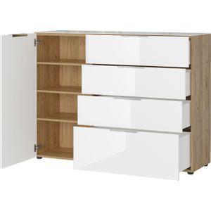 Dressoir Dudek 134cm met 4 lades & 1 deur - wit/eik