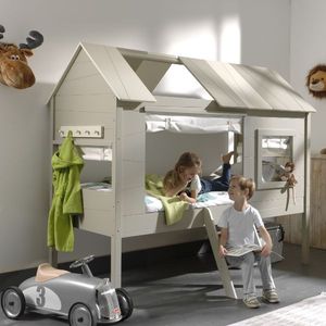 Bedhuisje Charlotte met lattenbodem en gordijntjes - beige/grijs