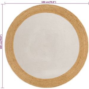 Vloerkleed rond gevlochten jute en katoen zwart & naturel 'Inner circle' - Wit , 180 cm