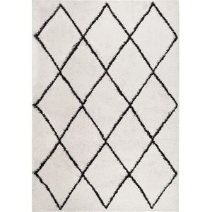 'Shaggy' Vloerkleed hoogpolig zwart en crèmekleurig lijnpatroon - 140 x 200 cm