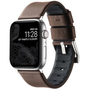 Apple watch Leer + siliconen band - Bruin + zilveren aansluiting en gesp - Geschikt voor Apple Watch 44mm / 45mm / 46mm / 49mm - Apple watch bandjes