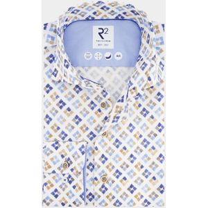 R2 Amsterdam Overhemd extra lange mouw Blauw Blue beige cups 120.WSP.XLS.029/014