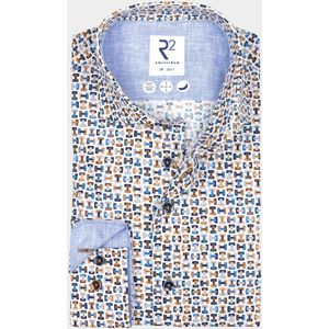 R2 Amsterdam Casual hemd lange mouw Multi Beige blue print 124.WSP.027/073