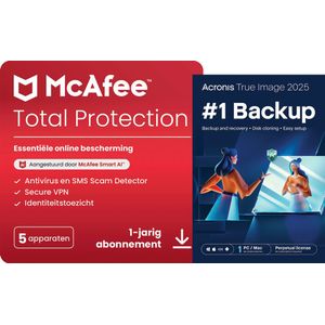 McAfee - Total Protection - Antivirus - 5 PC - 1 Jaar + Acronis True Image Essentials - 1 PC - 1 Jaar