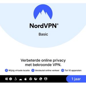 NordVPN Basic - 1 Jaar - VPN-Service - 10 Apparaten - PC & Telefoon