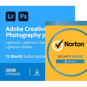 Adobe Photography Plan + gratis Norton Security Deluxe | 20 GB cloudopslag | 1 jaar