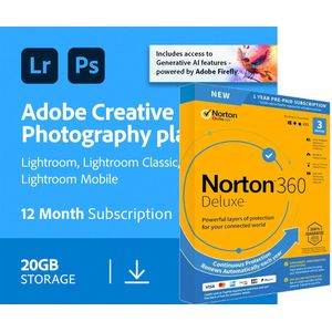 Adobe Photography Plan + gratis Norton 360 Deluxe | 20 GB cloudopslag | 1 jaar