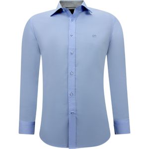 Business Heren Overhemden Lange Mouw - Slim Fit Blouse Stretch - Blauw