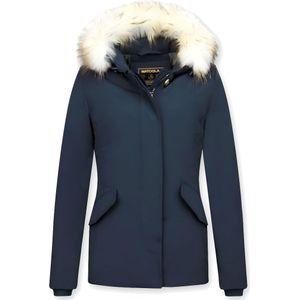 Korte Dames Winterjas Witte Echte Bontkraag - Blauw