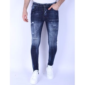 Donkerblauwe Slim Fit Heren Jeans Gaten -  - Blauw