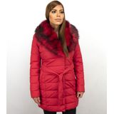 Lange Parka Dames Winterjas - Rode Faux Bontkraag - Rood