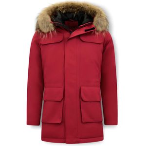 Parka Heren Winterjas Grote Echte Bontkraag - Rood