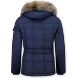 Bontjassen - Heren Winterjas Lang - Grote Bontkraag - Parka Ruiten - Blauw