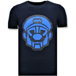 Heren T-Shirt Print - Mario Neon Opdruk - Blauw