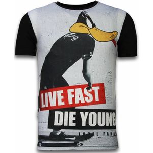 Duck Live Fast - Digital Rhinestone T-Shirt - Zwart