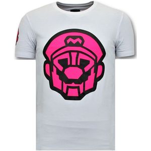 Heren T-Shirt Print - Mario Neon Opdruk - Wit