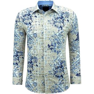 Heren Print Overhemden Lange Mouw Slim Fit  Blauw