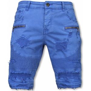 Korte Broek Heren - Slim Fit Damaged Biker Jeans With Zippers - Blauw