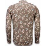 Italiaanse Overhemden - Slim Fit Overhemd - Blouse Woven Flowers Pattern - Bruin