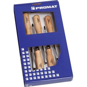 Promat Schroevendraaierset | 5-delig sleuf / PH | houten greep | ronde kling met 6-kant aanzet - 4000827116 4000827116