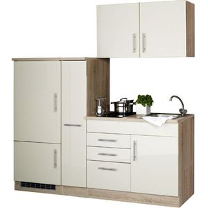 Kitchenette Toto 190cm met kookplaat en koelkast - hoogglans crème