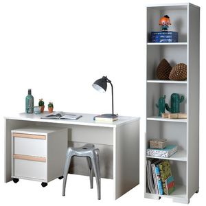 Combinatie London met bureau, rolcontainer en boekenkast-wit/beuk