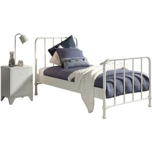 Bed Bronxx metaal 90x200 (incl. lattenbodem) met nachtkastje - mat wit