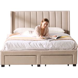 Gestoffeerd tweepersoonsbed Wallis - 140 x 200 cm - Met opberglades - Beige