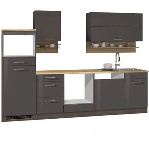 Kitchenette Ragnar 280cm met ruimte voor magnetron, koelkast, oven en vaatwas - hoogglans antraciet