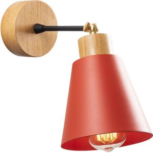 Verfijnde Moderne Rode Wandlamp | Metalen Behuizing, Houten Voet | 14cm Diameter, 25cm Hoogte