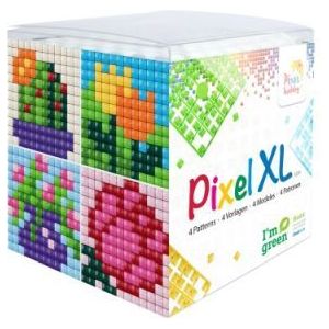 24103 Pixel XL kubus set - Bloemen - 4 flexibele vierkante basisplaatjes 12x12 pixels en 12 pixelmatjes in diverse kleuren + 12 matjes