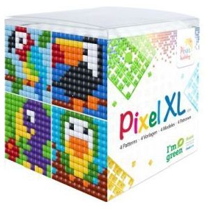 24102 Pixelhobby - Pixel XL kubus set - Vogels - 4 flexibele vierkante basisplaatjes 12x12 pixels en 12 pixelmatjes in diverse kleuren + 12 matjes