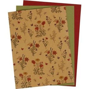 Faux Leather Papier - 3 vellen - Rood, Groen en Bloemen print - 21x27,5cm, 21x28,5cm en 21x29,5cm