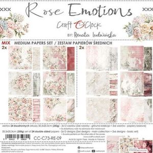 CC-C73-RE-09 Craft O'Clock - Mix Paperpack - Rose Emotions - Medium Papers Set - 20,3x20,3cm - 250g - dubbelzijdig - 2x12 designs - 24 vel + extra's