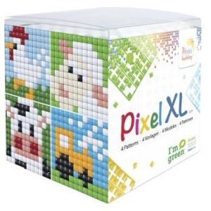 24110 Pixel XL kubus set - Boerderij - 4 flexibele vierkante basisplaatjes 12x12 pixels en 12 pixelmatjes in diverse kleuren + 12 matjes