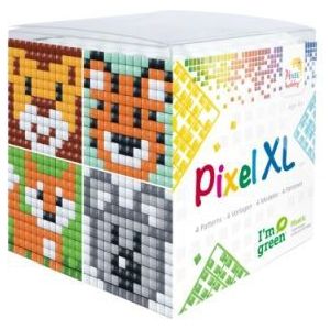 24107 Pixelhobby Pixel XL kubus set - wilde dieren - 4 flexibele vierkante basisplaatjes 12x12 pixels en 12 pixelmatjes in diverse kleuren + 12 matjes