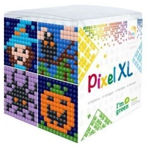 24119 Pixel XL kubus set - Halloween - 4 flexibele vierkante basisplaatjes 12x12 pixels en 12 pixelmatjes in diverse kleuren + 12 matjes
