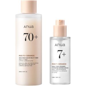ANUA - Rice 70 Glow Milky Toner - 250ml (1ea) + 7 Rice Ceramide Hydrating Barrier Serum - 50ml (1ea) Set