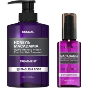 KUNDAL - Honey & Macadamia Protein Hair Treatment - 500ml + Hair Serum - 100ml Set - English Rose